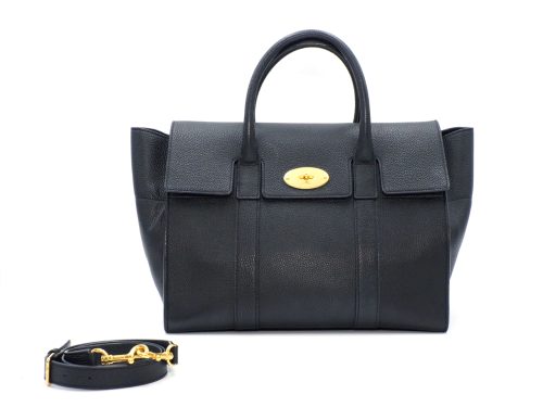 Mulberry Black Grain Leather Flip Lock Small Classic Bayswater Gold Hardware with Strap