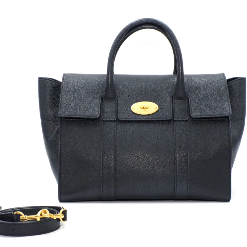 Mulberry Black Grain Leather Flip Lock Small Classic Bayswater Gold Hardware with Strap