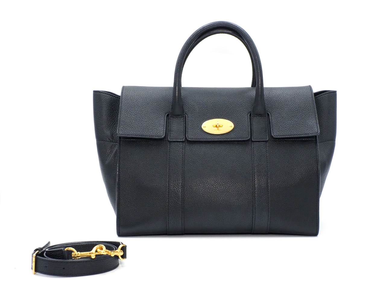 Mulberry Black Grain Leather Flip Lock Small Classic Bayswater Gold Hardware with Strap