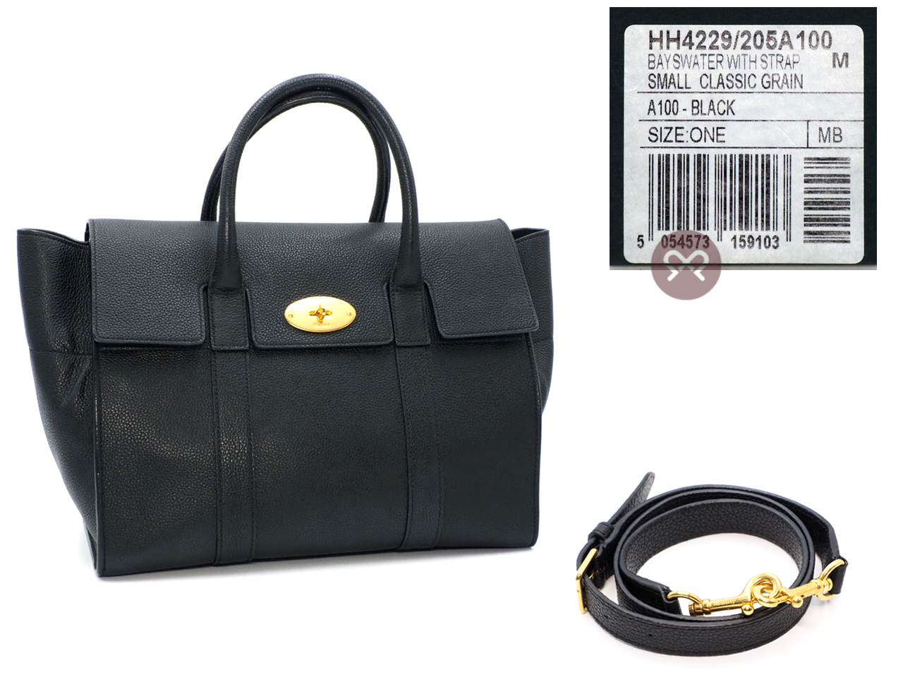 Mulberry Black Grain Leather Flip Lock Small Classic Bayswater Gold Hardware with Strap - Image 2