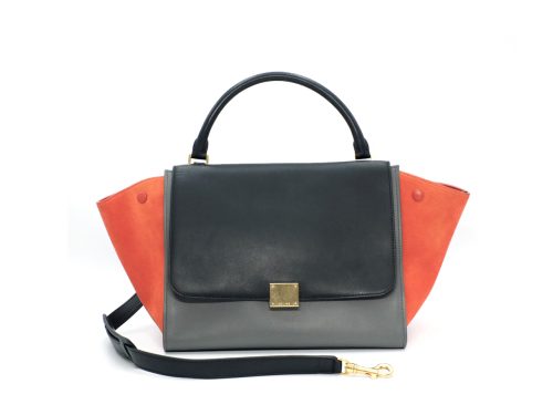 Celine 169543PTA Black/ Grey/ Orange Flamingo Calf / Suede Trapez Medium Gold Hardware with Strap