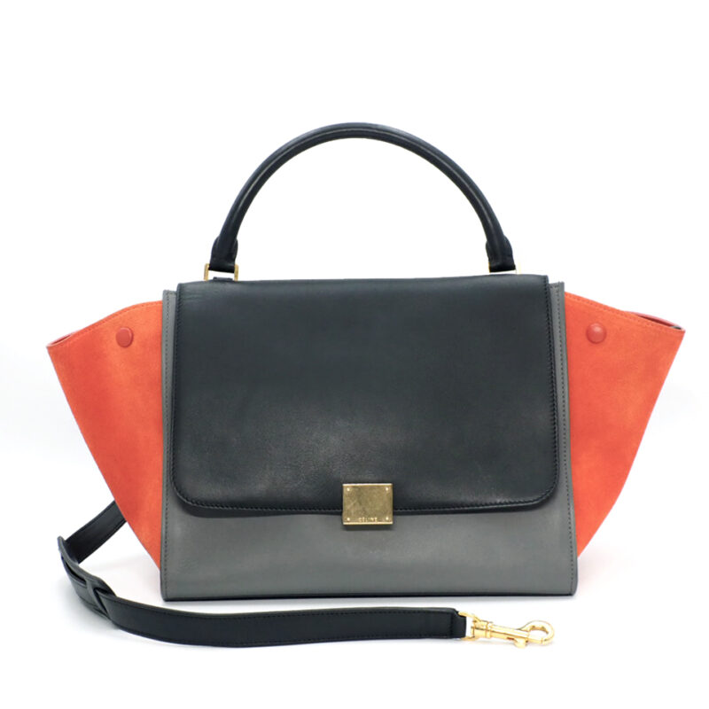 Celine 169543PTA Black/ Grey/ Orange Flamingo Calf / Suede Trapez Medium Gold Hardware with Strap