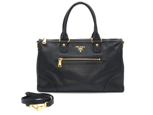 Prada BL0639 Black/ Nero Front Zip Convertible Vitello Daino Document Tote with Strap
