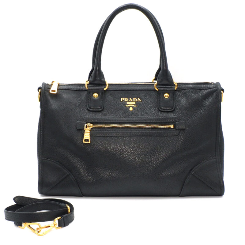 Prada BL0639 Black/ Nero Front Zip Convertible Vitello Daino Document Tote with Strap