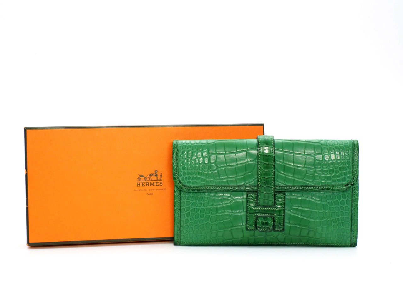 Hermes Cactus Green Alligator Matte Jige Elan 22cm X Stamp Clutch Bag