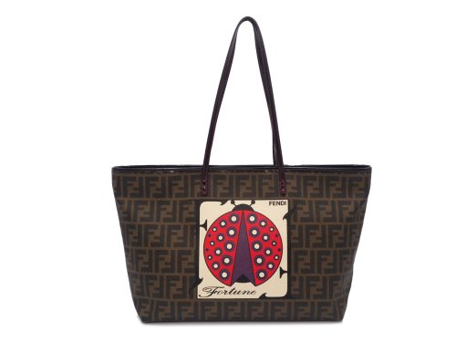 Fendi 8BH185 FF Logo Zucca Spalmati Ladybug Print Large Shoulder/ Tote Bag