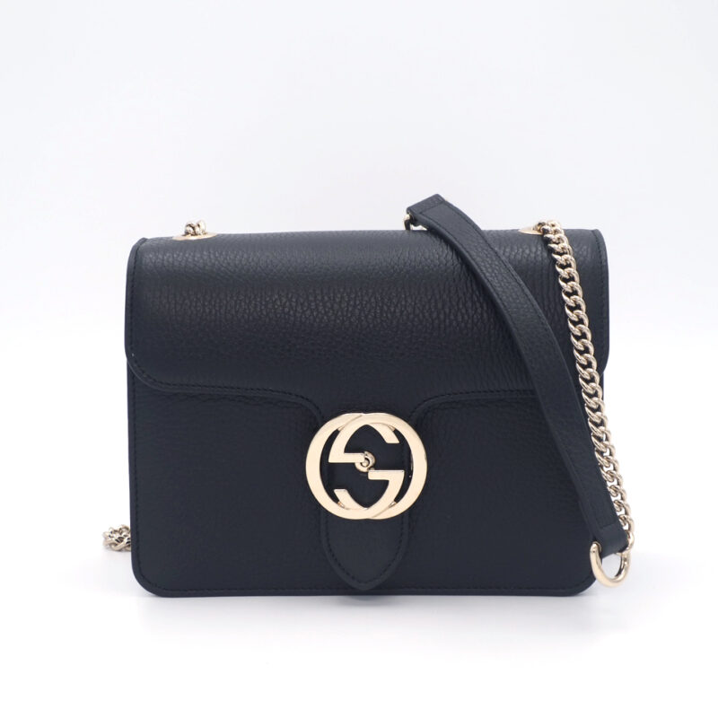 Gucci 510304 Black Calf Icon Interlocking GG Small Cross Body Handbag