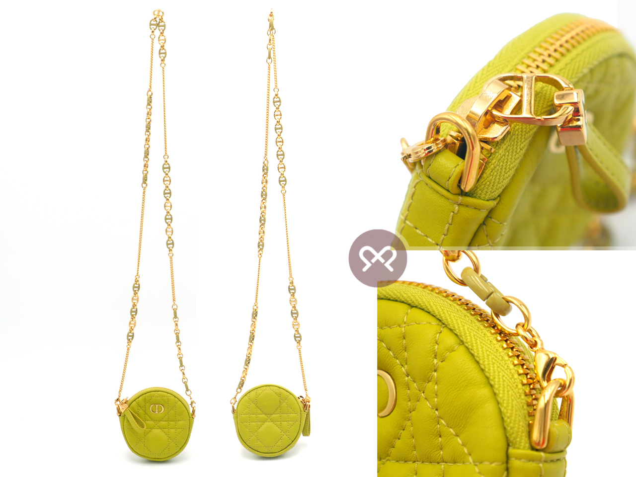 Dior Lime Green Mini Caro Cannnage Quilted Lambskin Round Zip Coin Purse with Matching Chain - Image 2