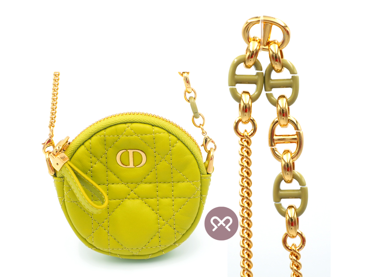 Dior Lime Green Mini Caro Cannnage Quilted Lambskin Round Zip Coin Purse with Matching Chain - Image 3