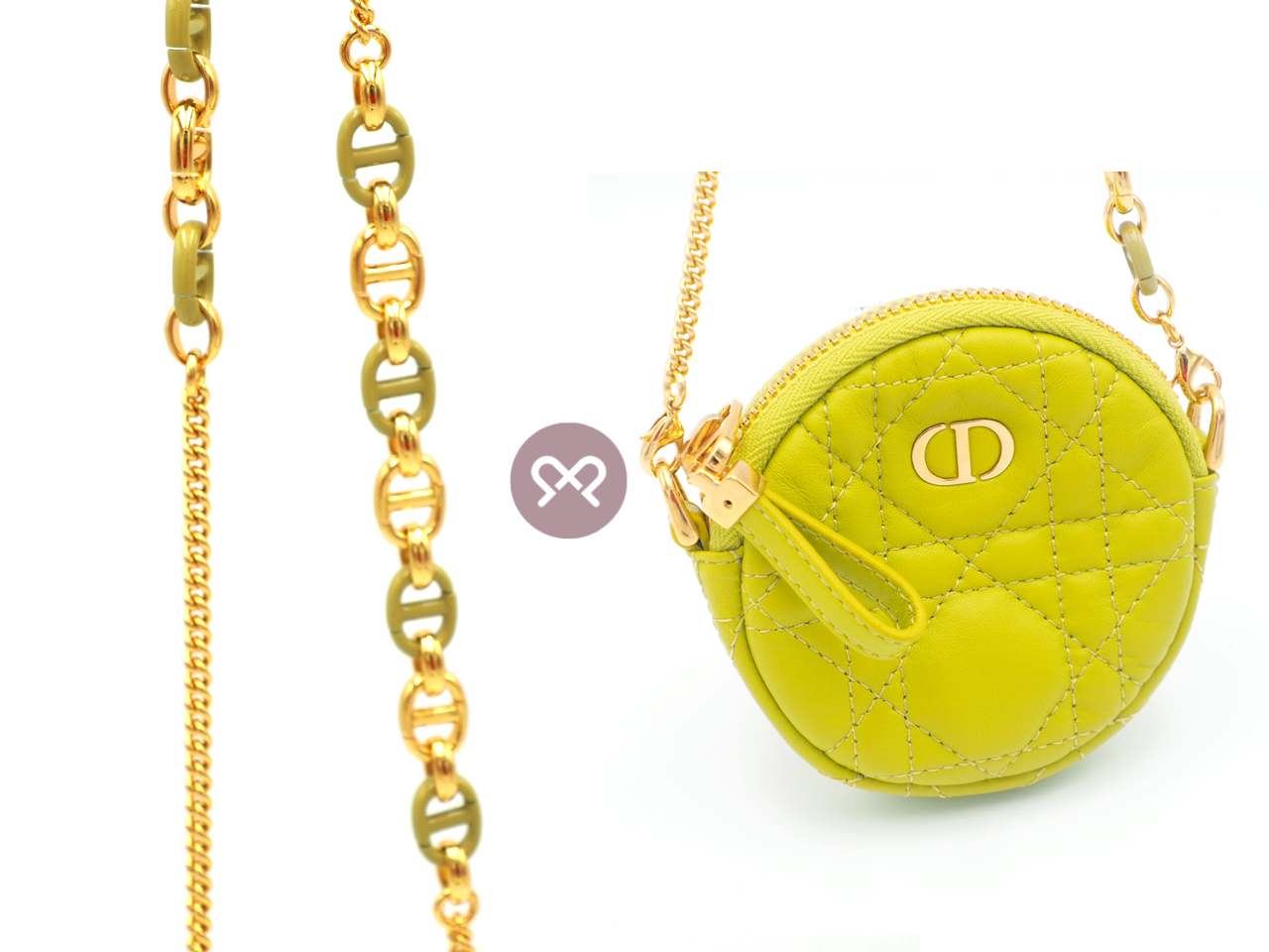 Dior Lime Green Mini Caro Cannnage Quilted Lambskin Round Zip Coin Purse with Matching Chain - Image 4