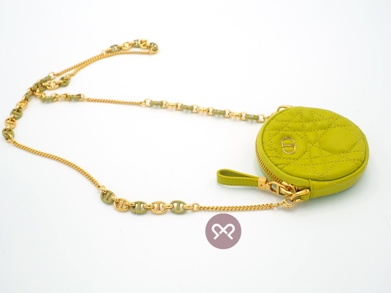 Dior Lime Green Mini Caro Cannnage Quilted Lambskin Round Zip Coin Purse with Matching Chain - Image 6