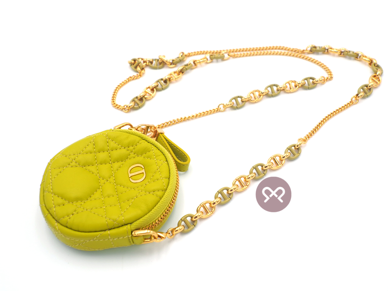 Dior Lime Green Mini Caro Cannnage Quilted Lambskin Round Zip Coin Purse with Matching Chain - Image 7