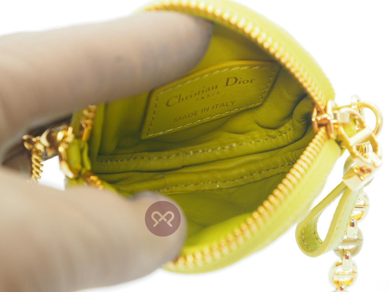 Dior Lime Green Mini Caro Cannnage Quilted Lambskin Round Zip Coin Purse with Matching Chain - Image 8