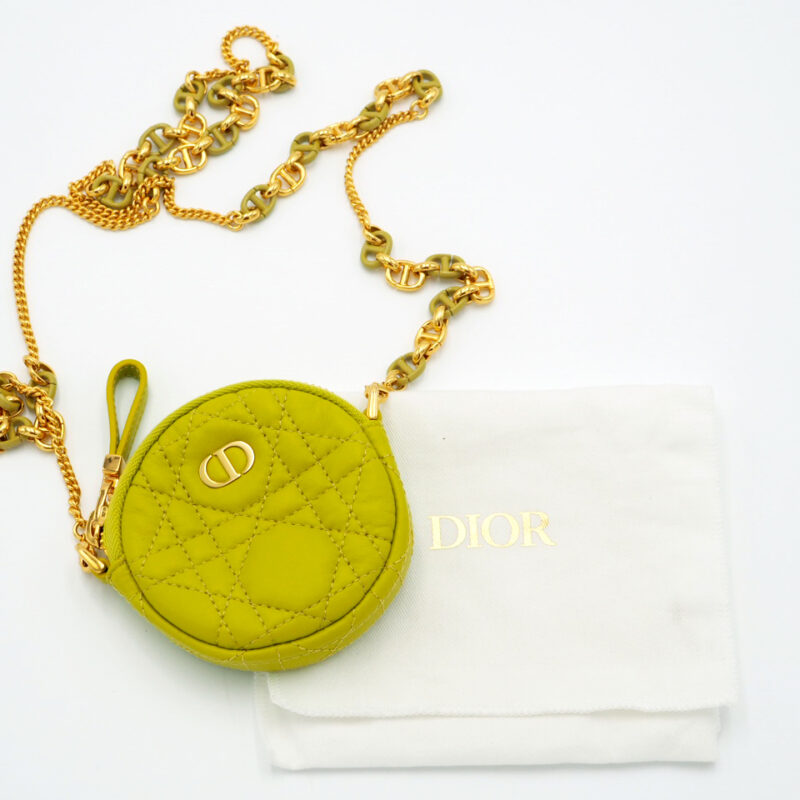 Dior Lime Green Mini Caro Cannnage Quilted Lambskin Round Zip Coin Purse with Matching Chain