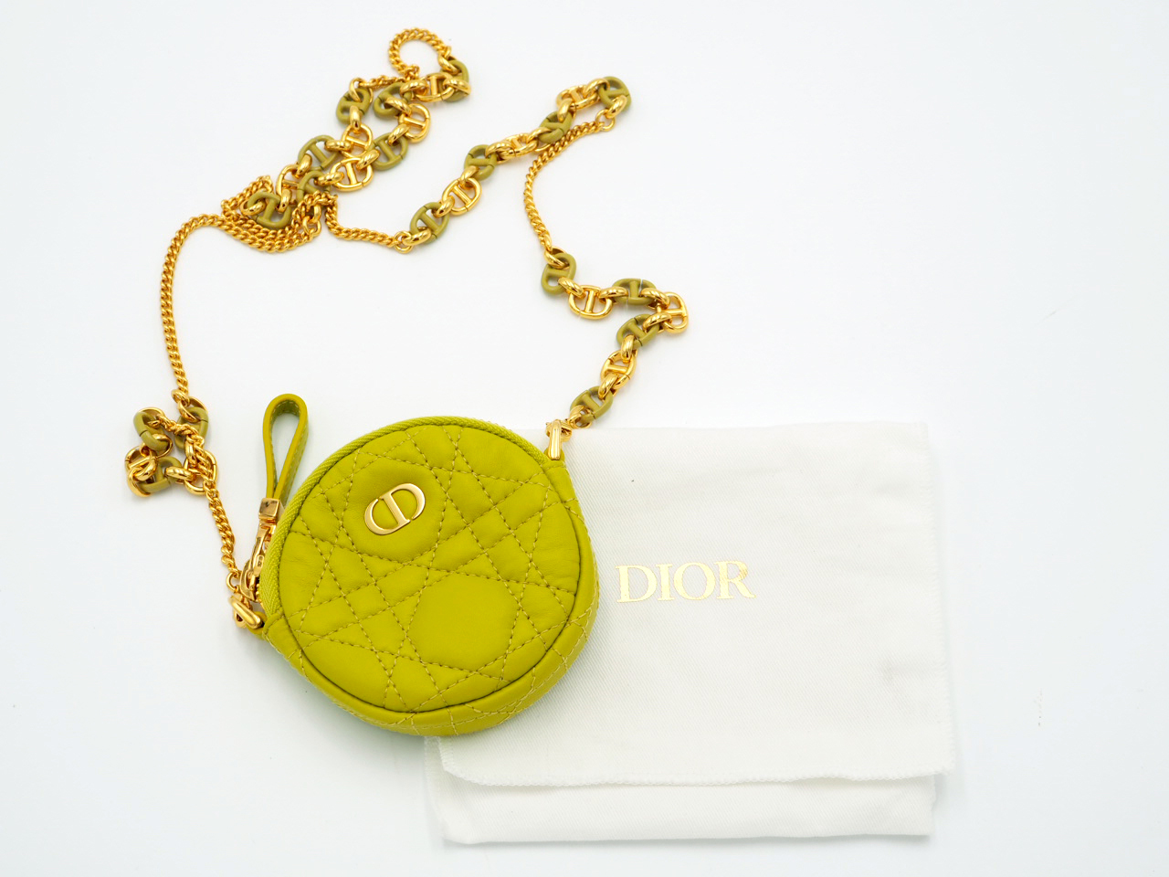 Dior Lime Green Mini Caro Cannnage Quilted Lambskin Round Zip Coin Purse with Matching Chain