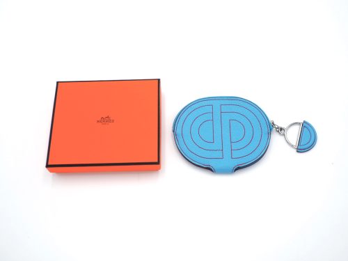 Hermes Blue Céleste / Rouge De Cœur Mysore Leather In-the-Loop Mini Card Holder/ Coin Purse