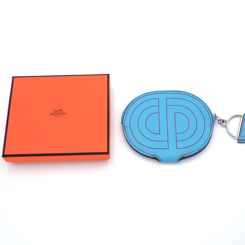 Hermes Blue Céleste / Rouge De Cœur Mysore Leather In-the-Loop Mini Card Holder/ Coin Purse