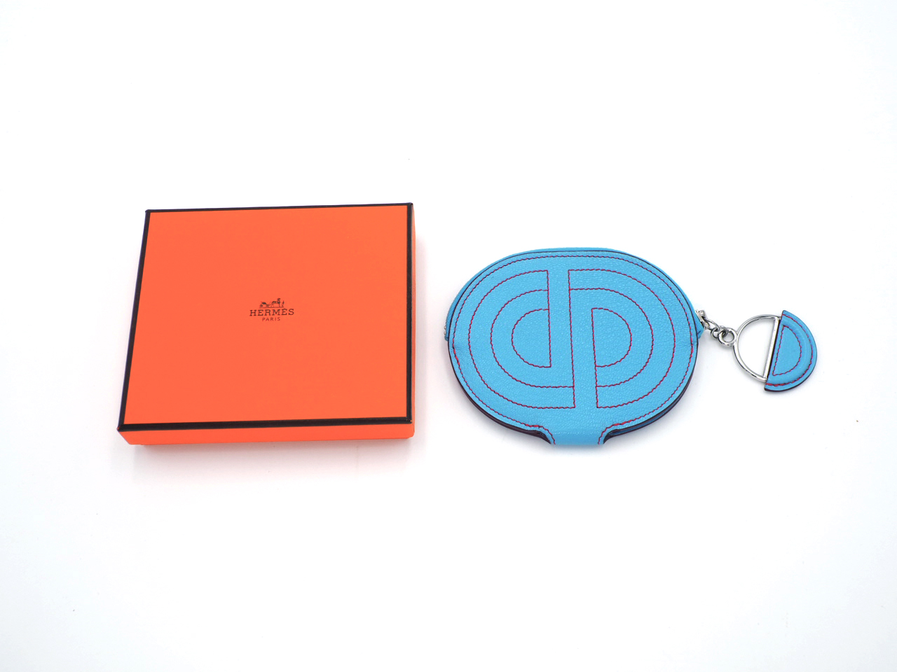 Hermes Blue Céleste / Rouge De Cœur Mysore Leather In-the-Loop Mini Card Holder/ Coin Purse