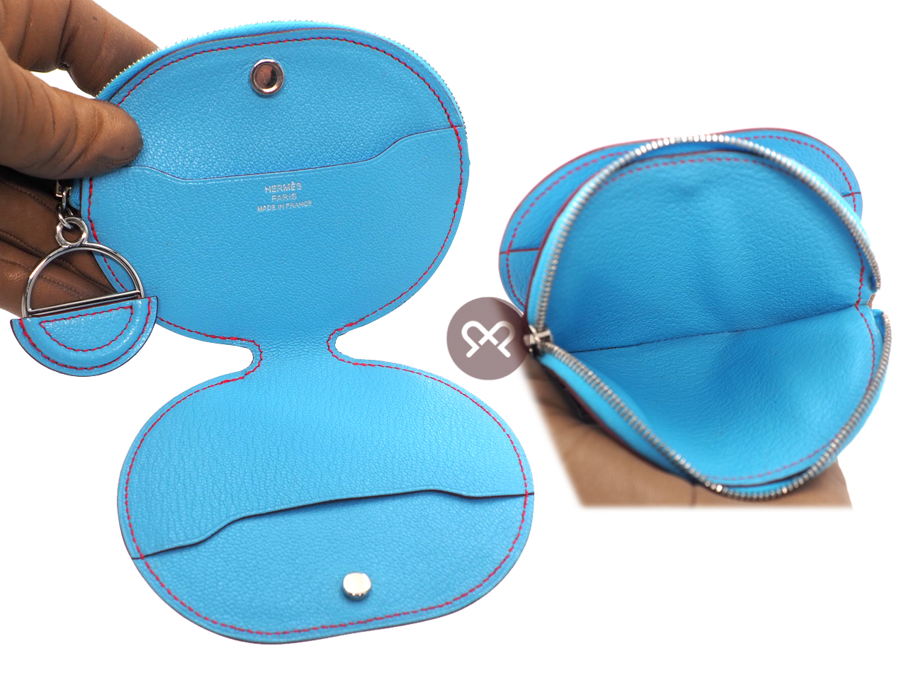 Hermes Blue Céleste / Rouge De Cœur Mysore Leather In-the-Loop Mini Card Holder/ Coin Purse - Image 6
