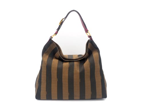Fendi 8BR653 "Large Pequin" Red Leather/ Tobacco Canvas Pecan Logo Jacquard Hobo Bag