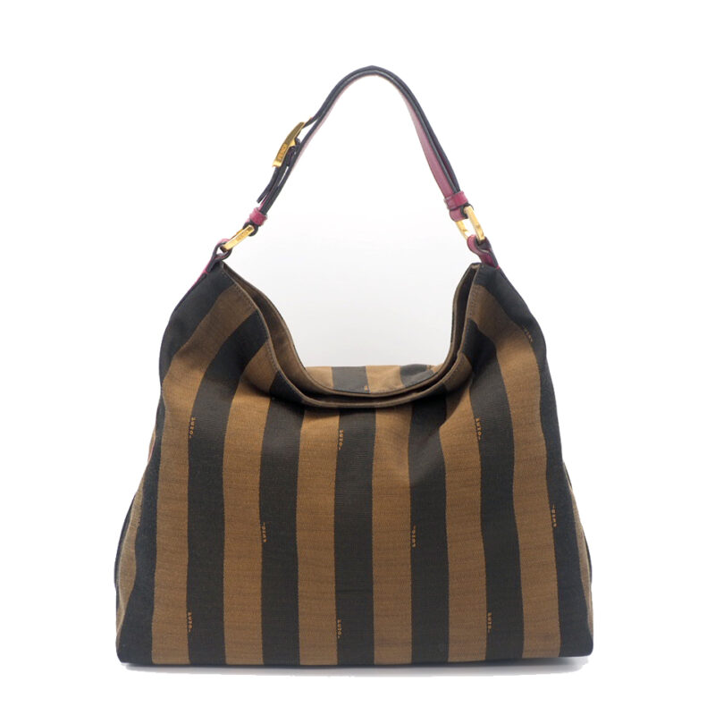 Fendi 8BR653 "Large Pequin" Red Leather/ Tobacco Canvas Pecan Logo Jacquard Hobo Bag