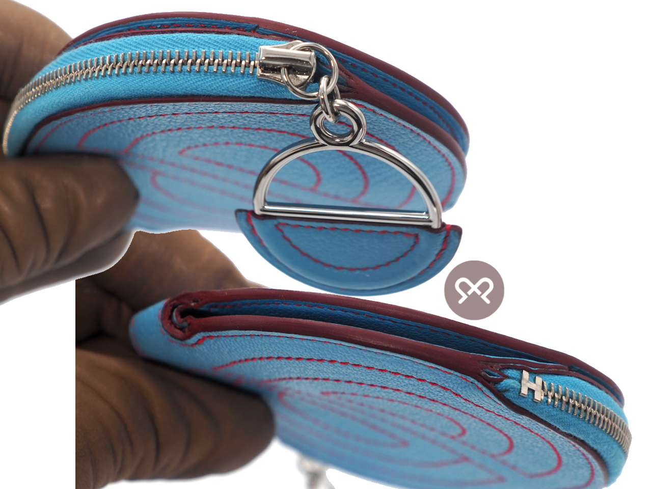 Hermes Blue Céleste / Rouge De Cœur Mysore Leather In-the-Loop Mini Card Holder/ Coin Purse - Image 4