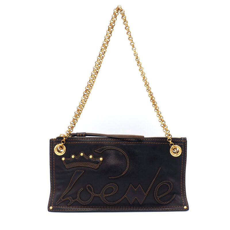 Loewe Small Dark Brown Leather Crown with Studs Embroidered Multi Chain Shoulder/ Crossbody Bag