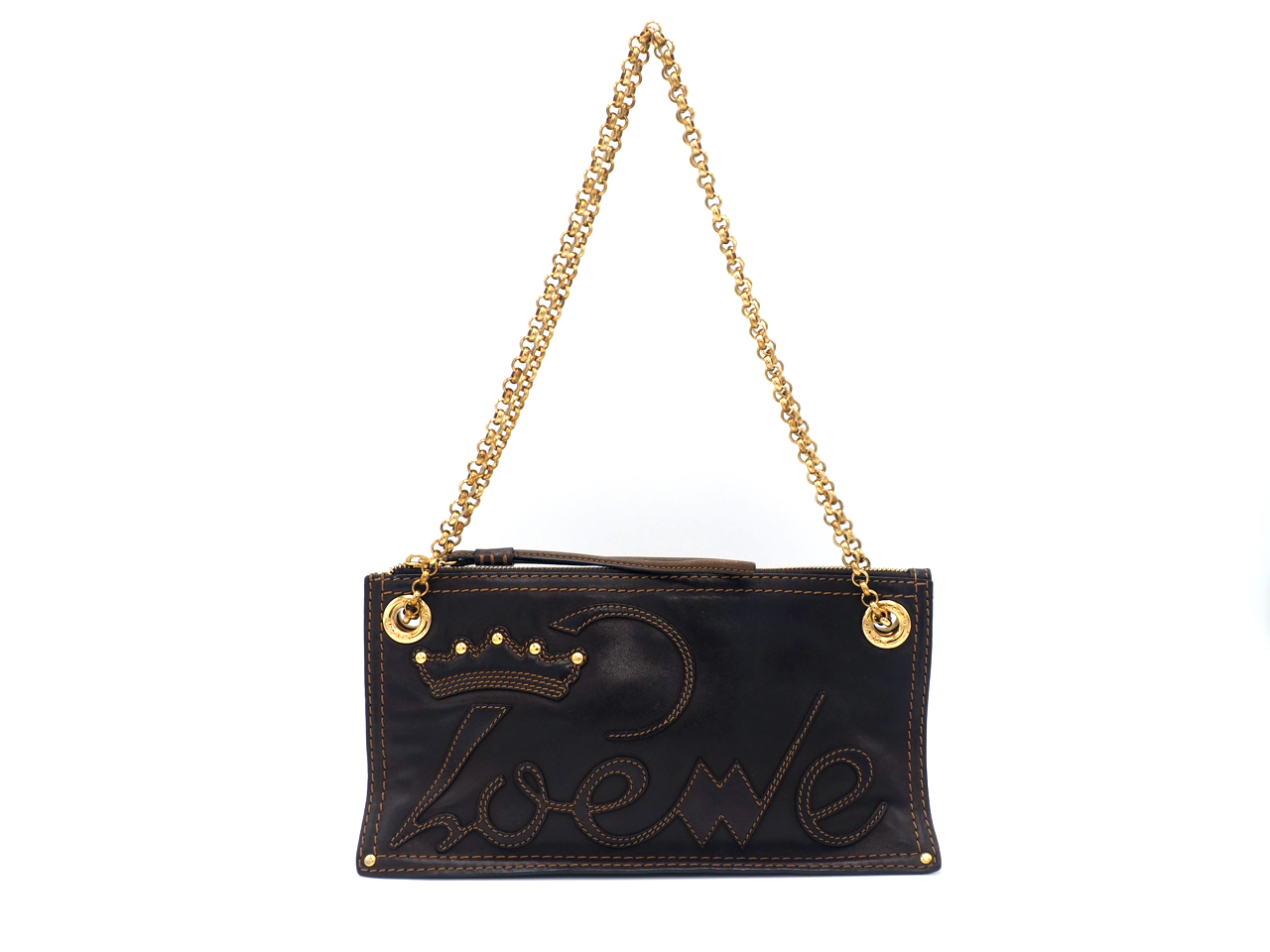 Loewe Small Dark Brown Leather Crown with Studs Embroidered Multi Chain Shoulder/ Crossbody Bag