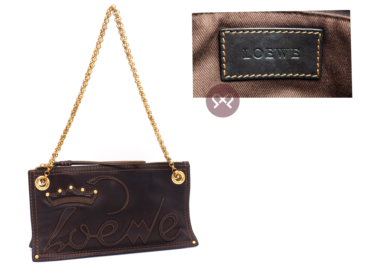 Loewe Small Dark Brown Leather Crown with Studs Embroidered Multi Chain Shoulder/ Crossbody Bag - Image 2