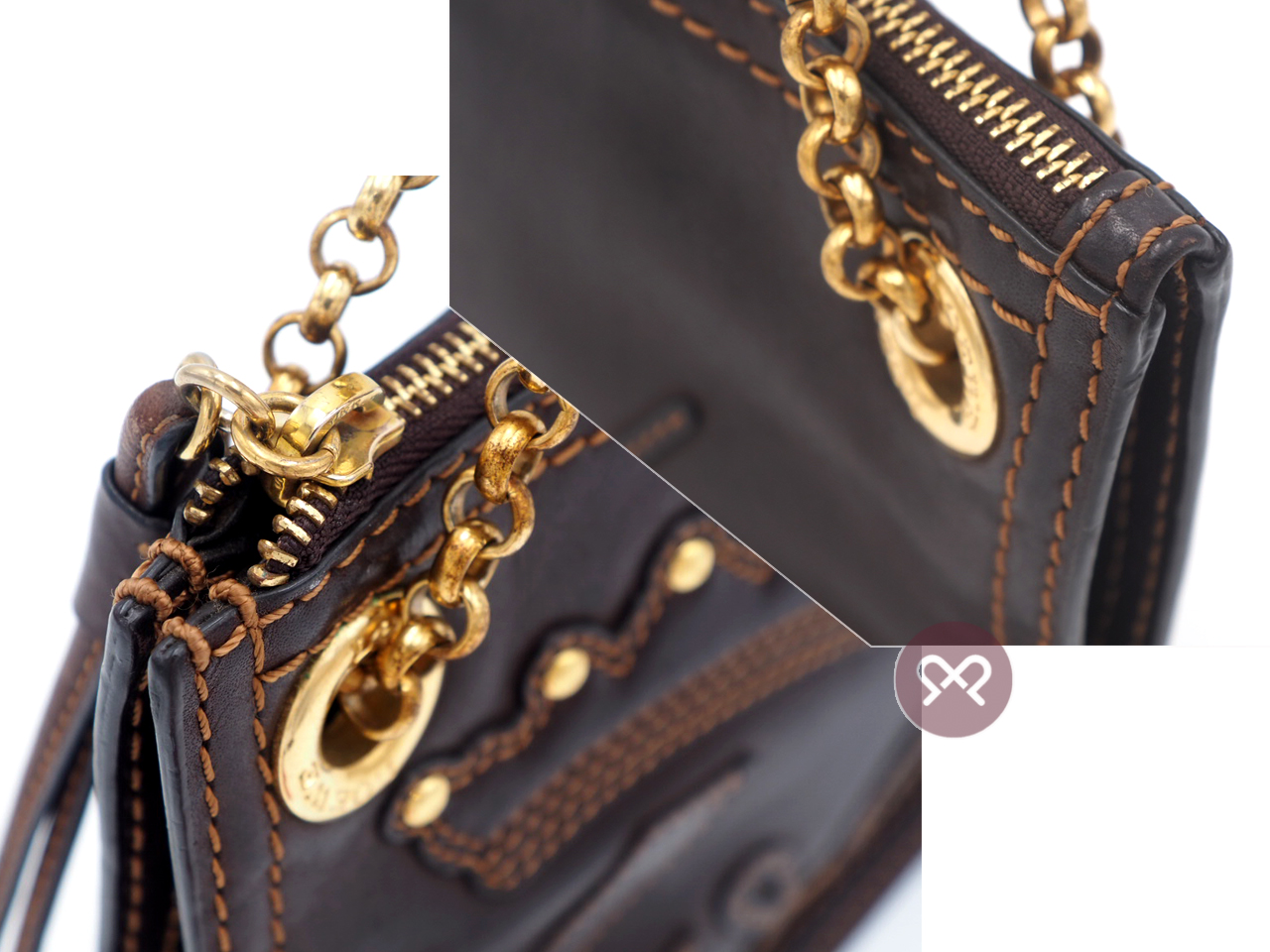 Loewe Small Dark Brown Leather Crown with Studs Embroidered Multi Chain Shoulder/ Crossbody Bag - Image 7