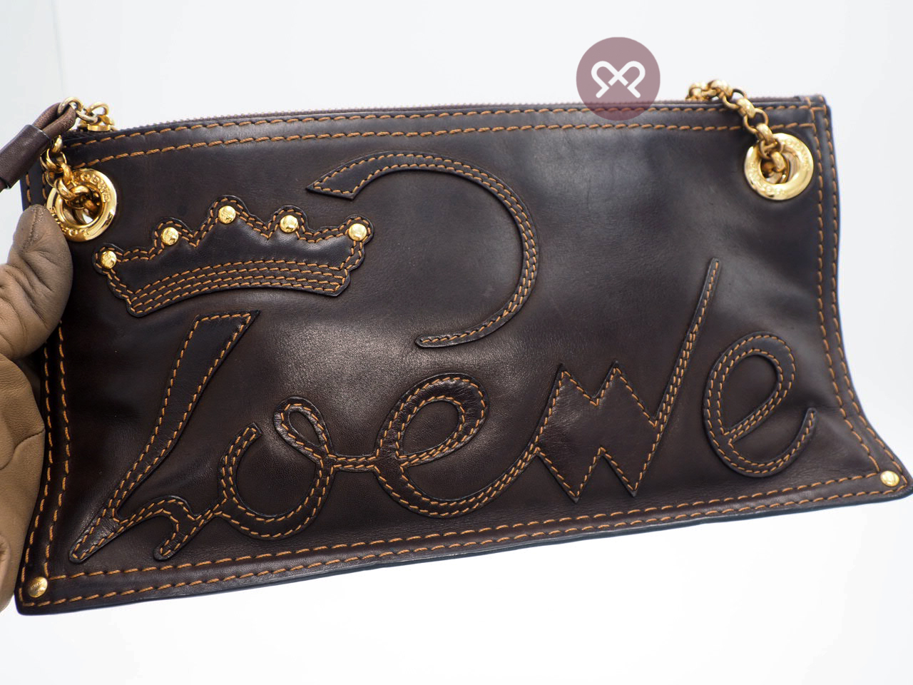 Loewe Small Dark Brown Leather Crown with Studs Embroidered Multi Chain Shoulder/ Crossbody Bag - Image 4