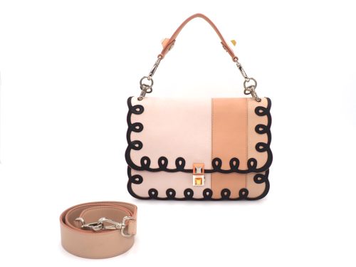 Fendi 8BT263 Coral In Tonal-Pink Kan I Scalloped Stripe Leather Clutch/ Shoulder/ Crossbody 3-Way Bag