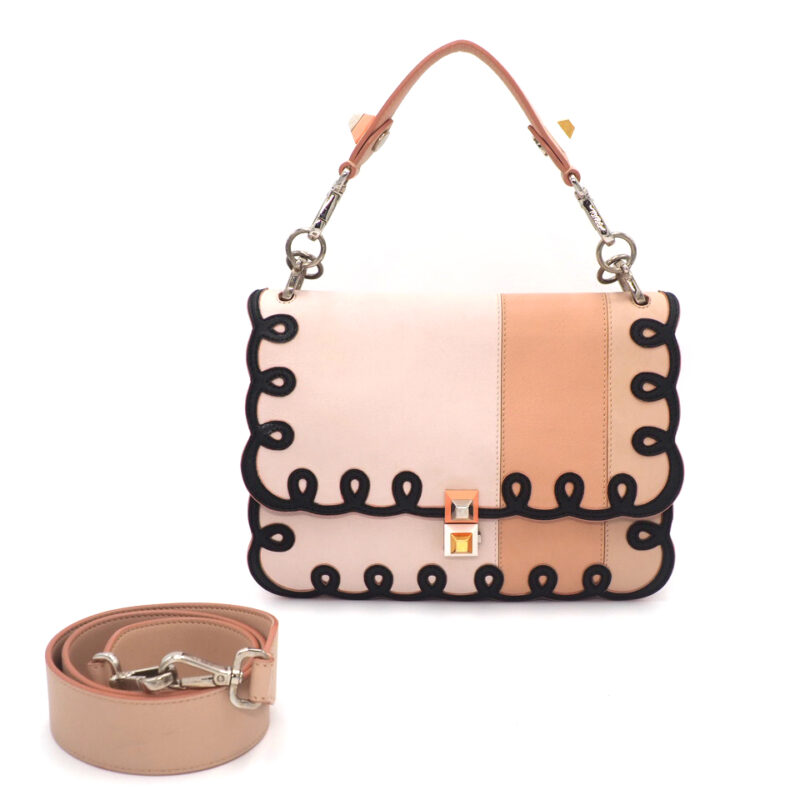 Fendi 8BT263 Coral In Tonal-Pink Kan I Scalloped Stripe Leather Clutch/ Shoulder/ Crossbody 3-Way Bag