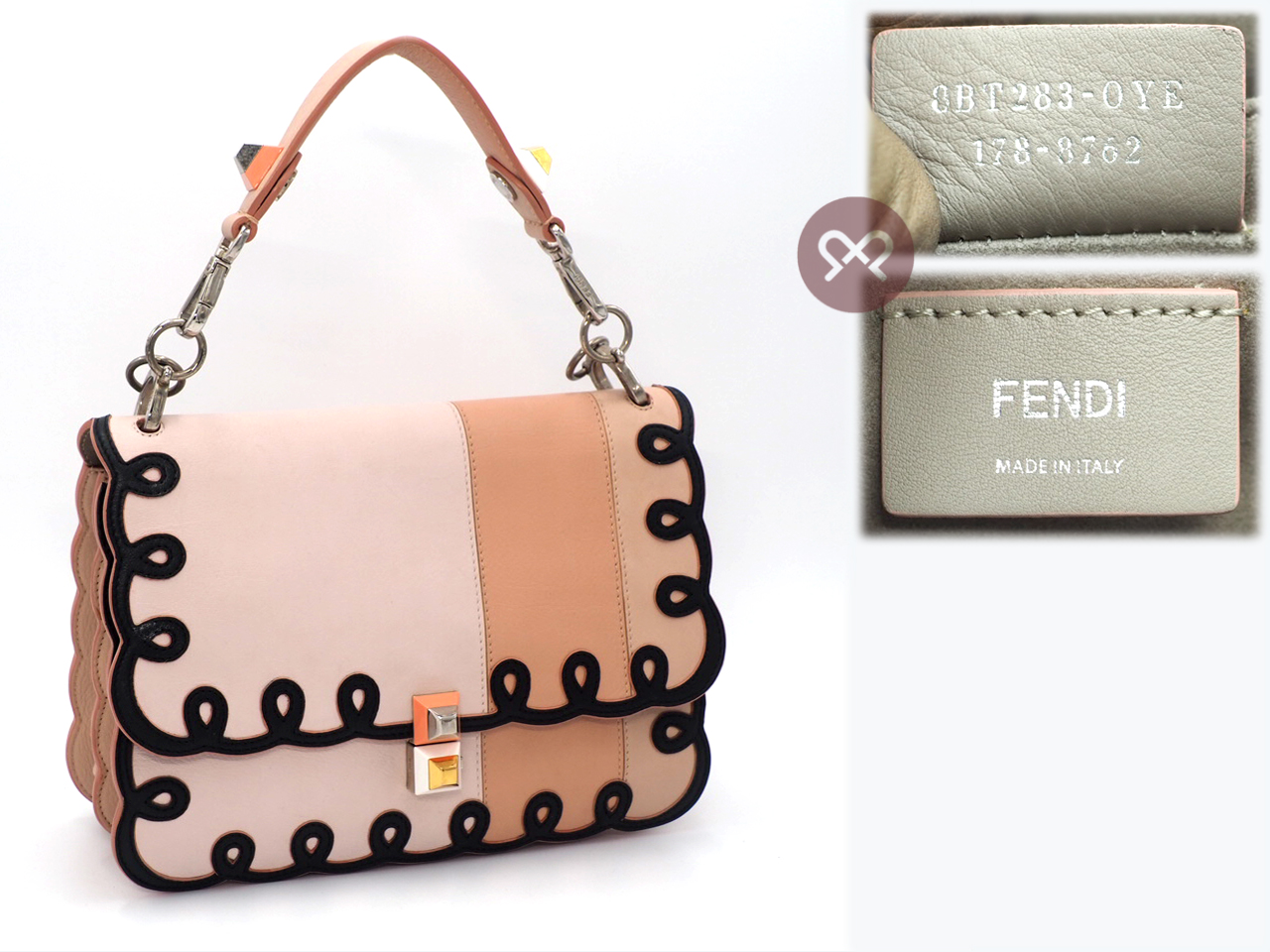 Fendi 8BT263 Coral In Tonal-Pink Kan I Scalloped Stripe Leather Clutch/ Shoulder/ Crossbody 3-Way Bag - Image 2