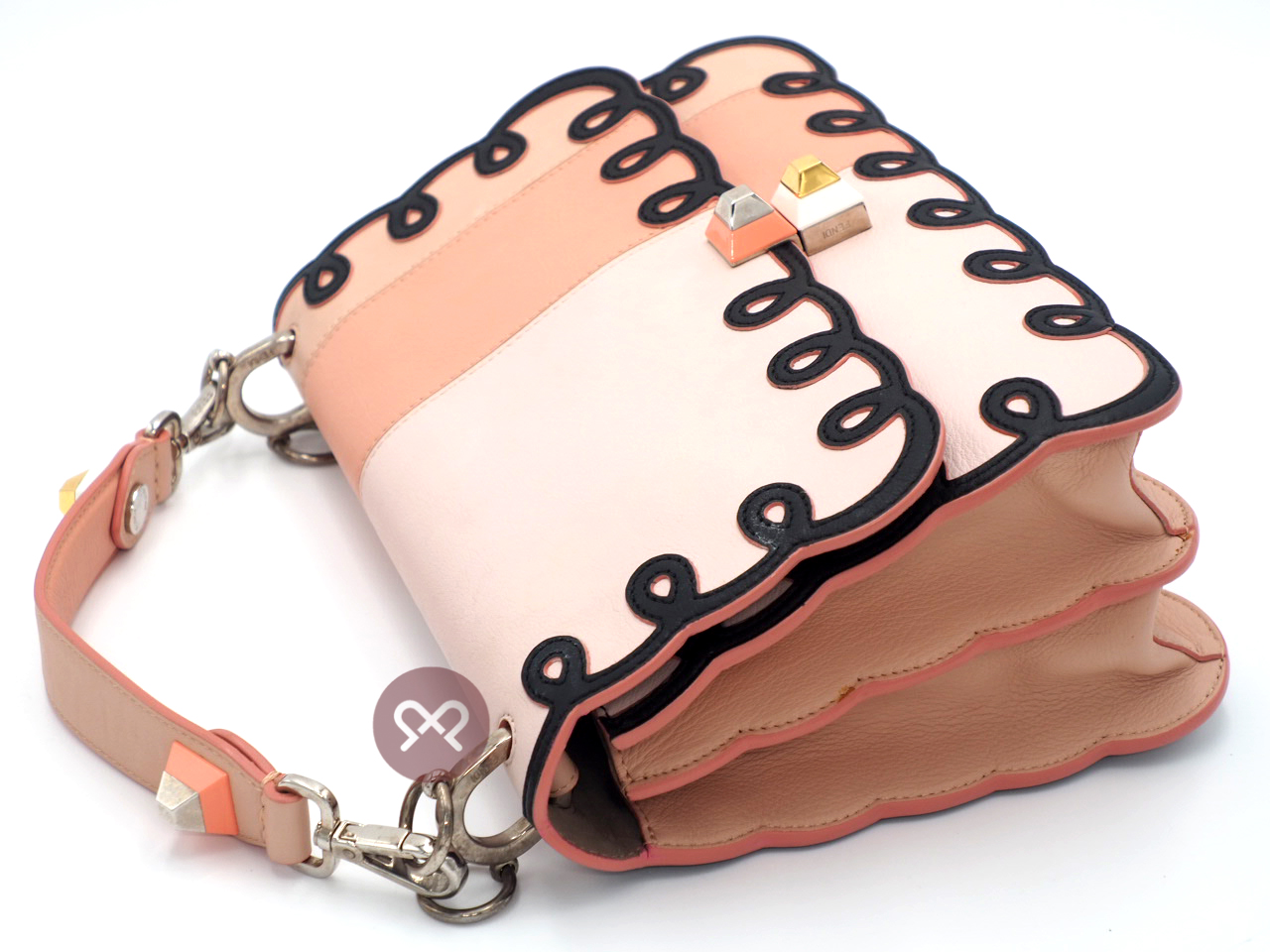 Fendi 8BT263 Coral In Tonal-Pink Kan I Scalloped Stripe Leather Clutch/ Shoulder/ Crossbody 3-Way Bag - Image 10
