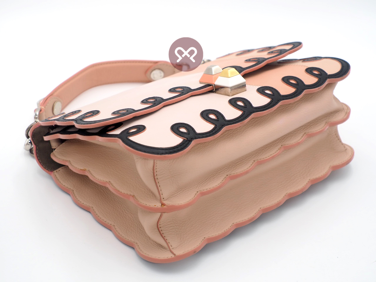 Fendi 8BT263 Coral In Tonal-Pink Kan I Scalloped Stripe Leather Clutch/ Shoulder/ Crossbody 3-Way Bag - Image 11