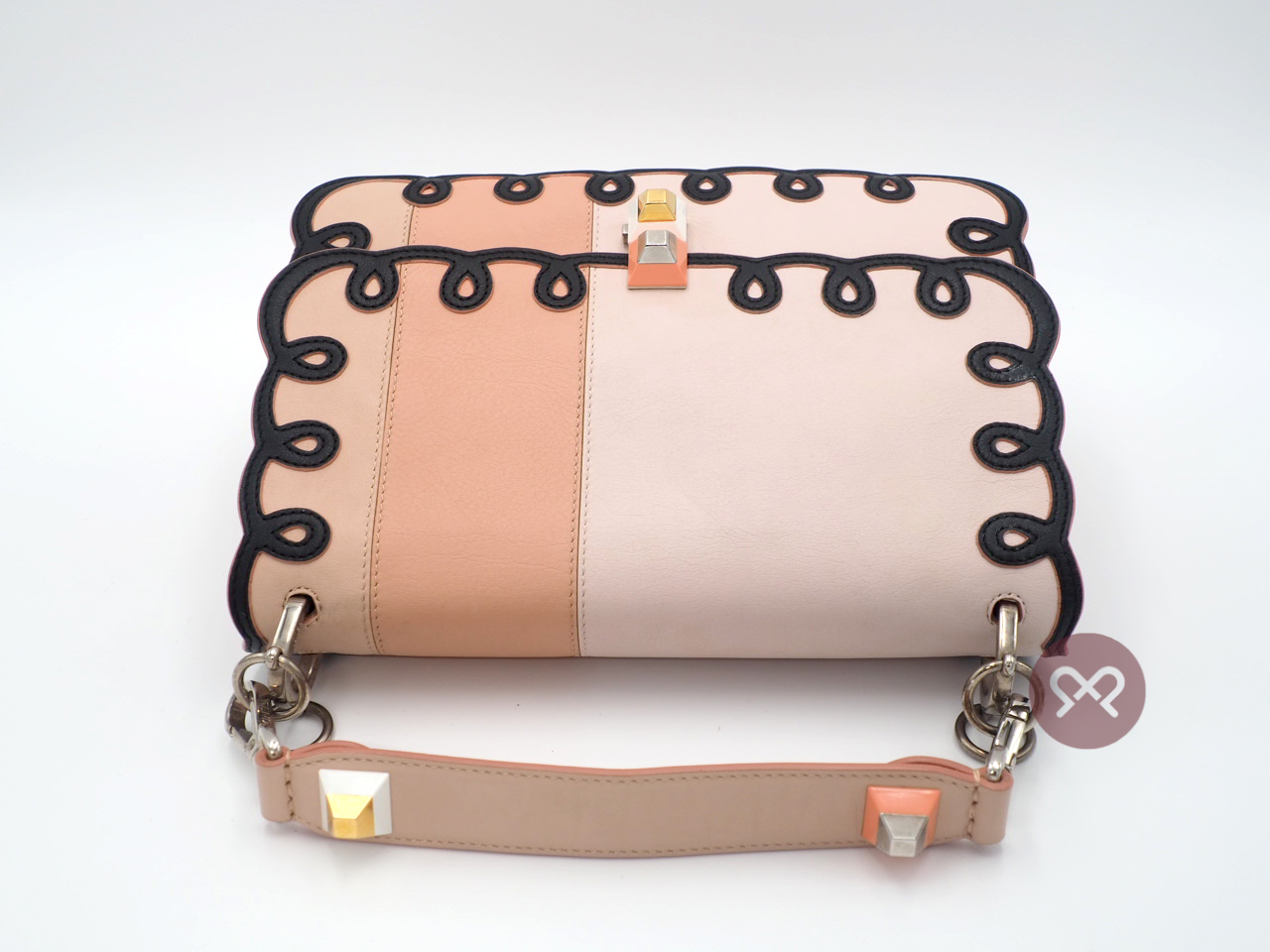 Fendi 8BT263 Coral In Tonal-Pink Kan I Scalloped Stripe Leather Clutch/ Shoulder/ Crossbody 3-Way Bag - Image 8