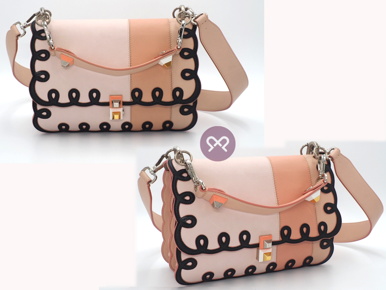 Fendi 8BT263 Coral In Tonal-Pink Kan I Scalloped Stripe Leather Clutch/ Shoulder/ Crossbody 3-Way Bag - Image 3