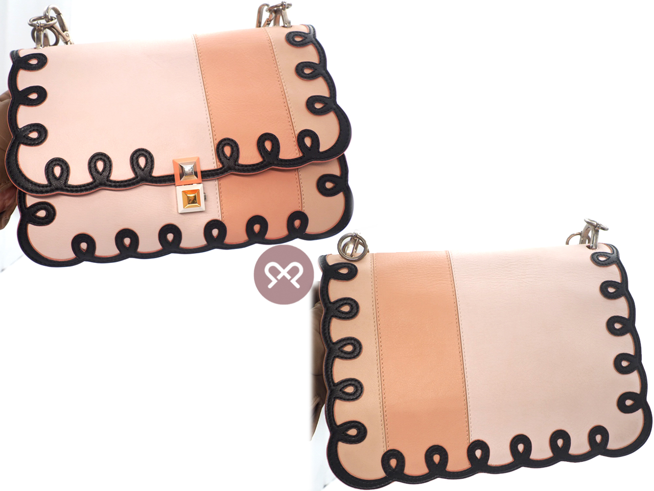 Fendi 8BT263 Coral In Tonal-Pink Kan I Scalloped Stripe Leather Clutch/ Shoulder/ Crossbody 3-Way Bag - Image 6