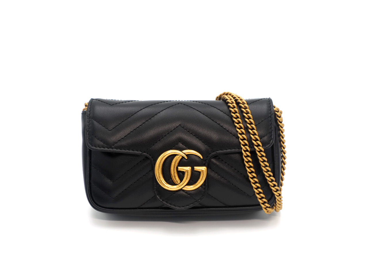 Gucci 476433 Black Leather GG Marmont Matelassé Leather Super Mini Bag