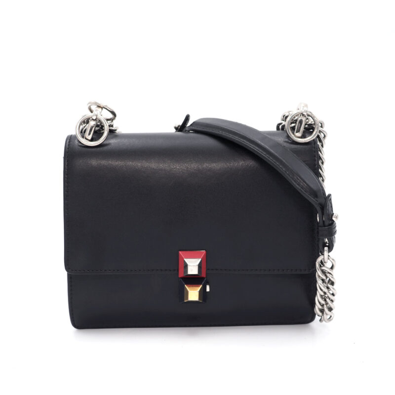 Fendi 8M0381 Black Calf Small Kan I Studs Push Lock Closure Flap Shoulder bag