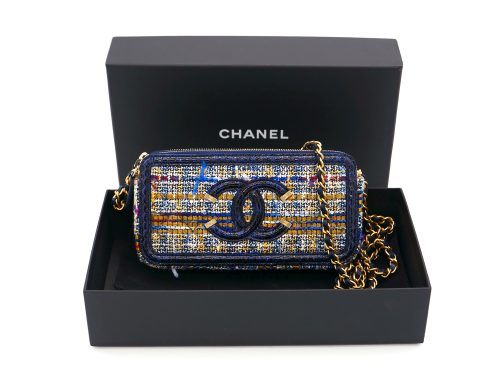 CHANEL 25759388 Multicolor Tweed/ Blue Python Leather Trim Zip-Top Wallet on Chain Shoulder bag