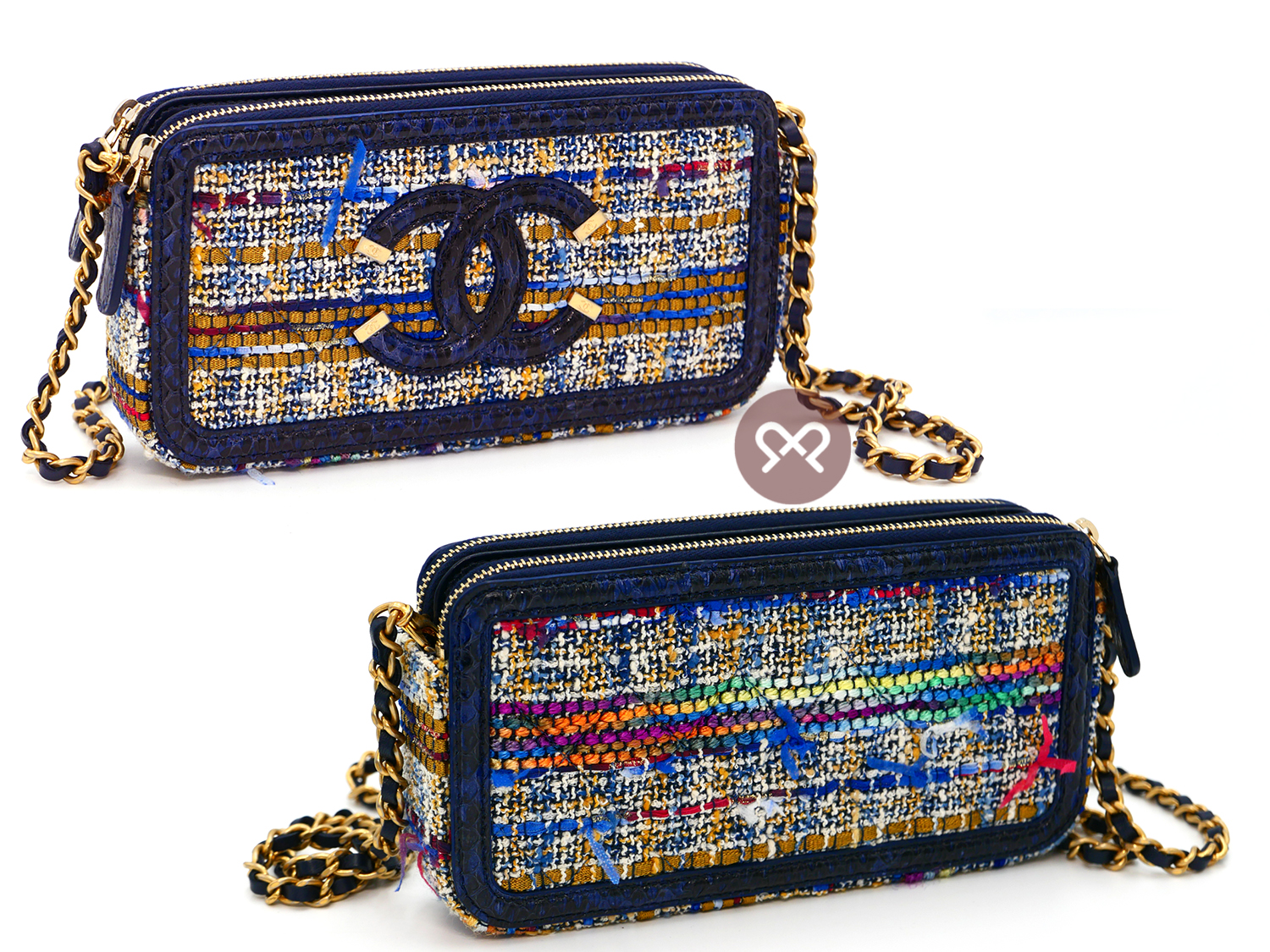 CHANEL 25759388 Multicolor Tweed/ Blue Python Leather Trim Zip-Top Wallet on Chain Shoulder bag - Image 4