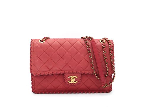 CHANEL 21118807 Red Lambskin Medium Classic Single Flap Handbag with Lace Trim Detail GHW
