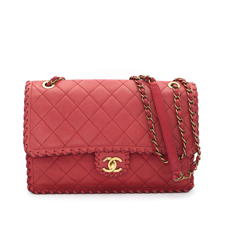 CHANEL 21118807 Red Lambskin Medium Classic Single Flap Handbag with Lace Trim Detail GHW