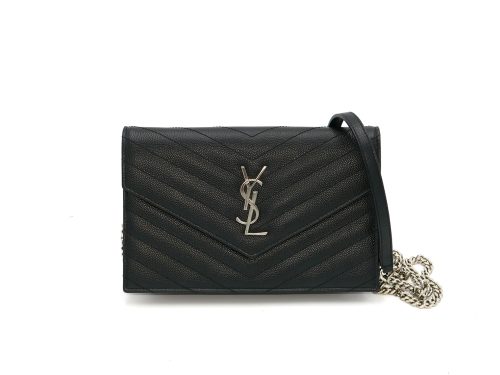 Yves Saint Laurent/ YSL 393593 Black Leather Envelope Chain Wallet Clutch/ Shoulder/ Sling Bag
