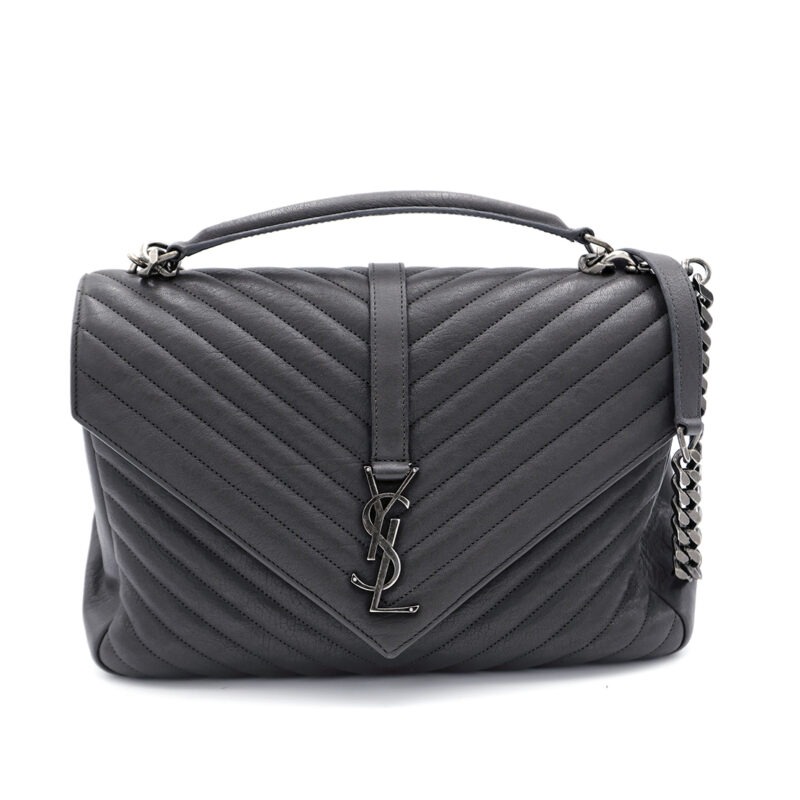 YSL/ Saint Laurent 487212 College Large Dark Grey Quilted Textured-Leather Top Handle Shoulder Bag