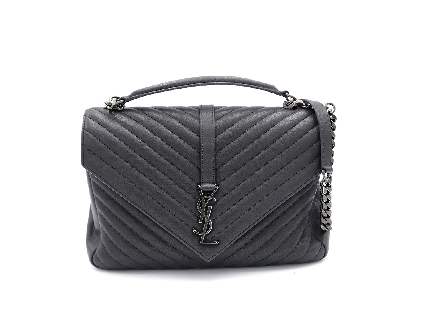 YSL/ Saint Laurent 487212 College Large Dark Grey Quilted Textured-Leather Top Handle Shoulder Bag