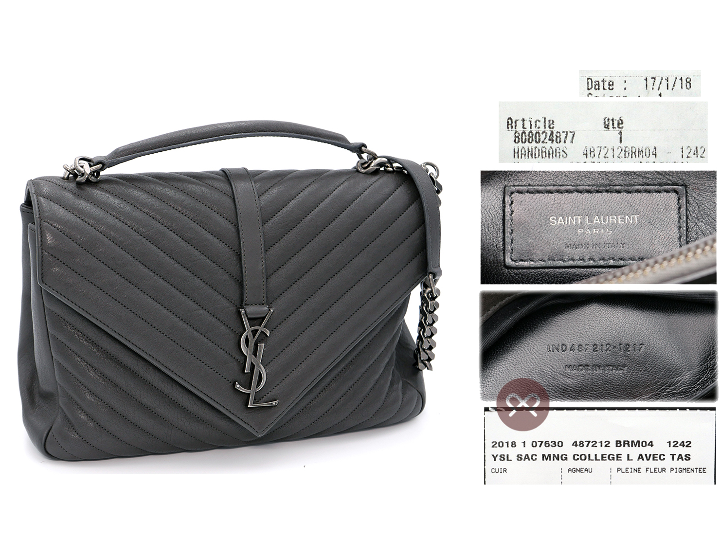 YSL/ Saint Laurent 487212 College Large Dark Grey Quilted Textured-Leather Top Handle Shoulder Bag - Image 2