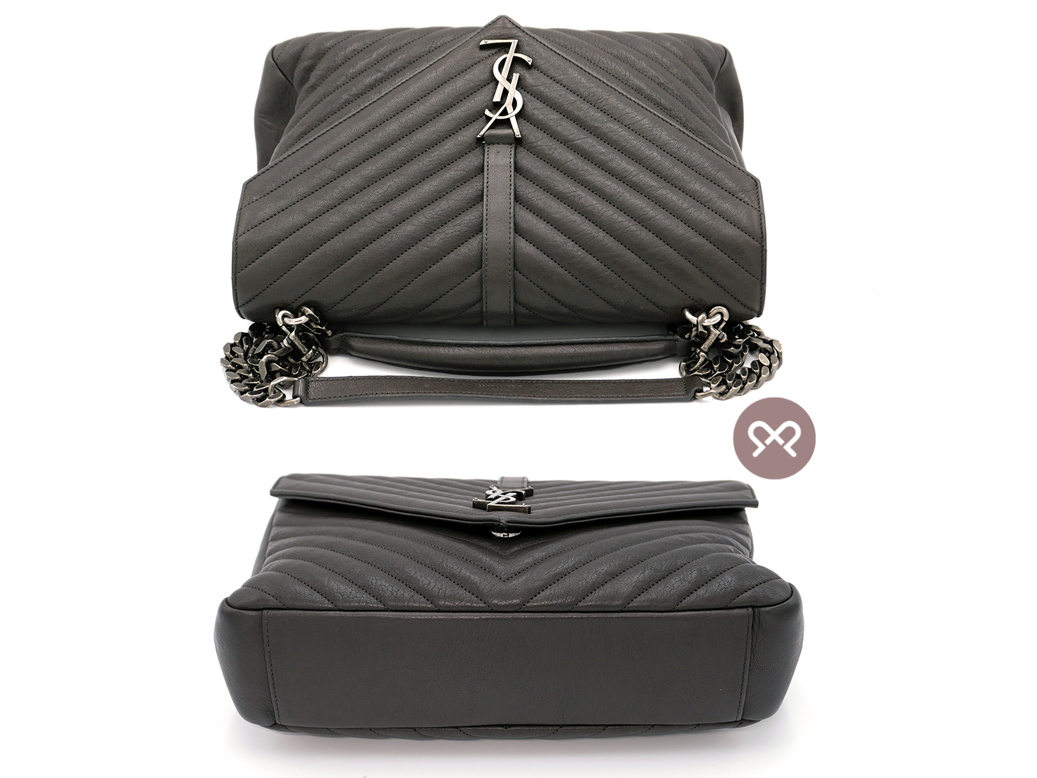 YSL/ Saint Laurent 487212 College Large Dark Grey Quilted Textured-Leather Top Handle Shoulder Bag - Image 4